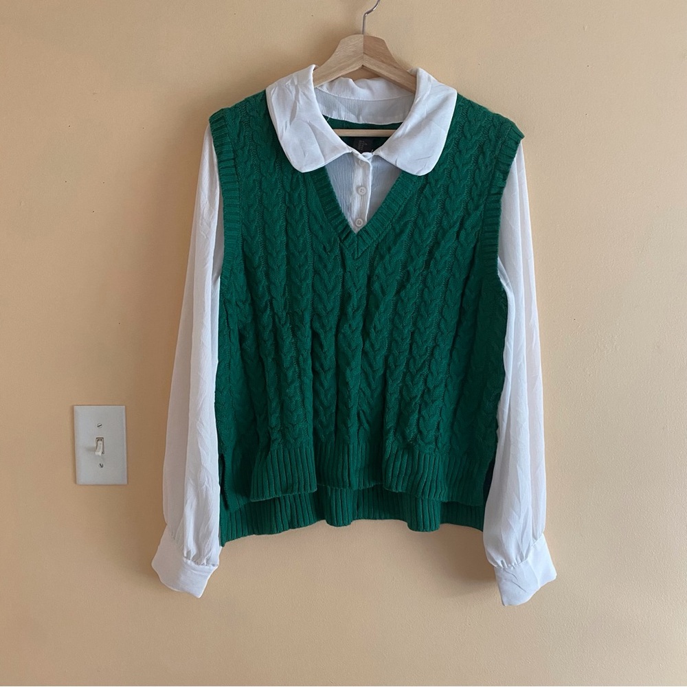 Christian Siriano White Collared Blouse Green Cable Knit Sweater Vest Preppy - Picture 2 of 13
